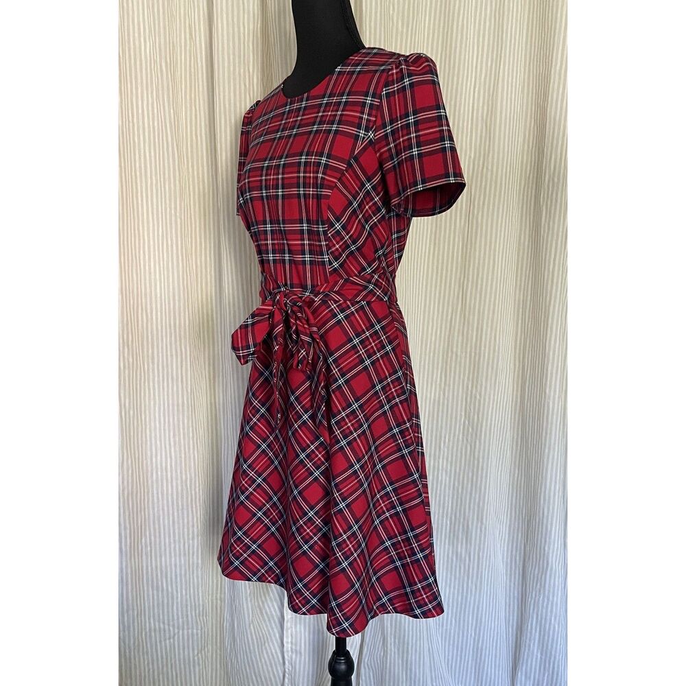 Draper James Women Plaid Fit Flare Dress Size 6 Red Navy Short Sleeve Tie Waist - Picture 4 of 8